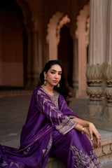 Jashn Wine Hand Embroidered Farshi Set, wine hand embroidered kurta with farshi and organza dupatta, image 11 of 13