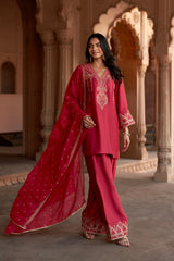 Jashn Rani Pink Orange Zari Farshi Set, rani pink kurta with orange zari embroidery, farshi and organza dupatta, image 1 of 12