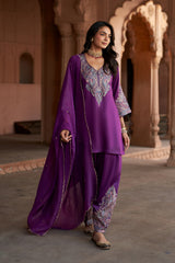 Jashn Wine Aari Embroidered Salwar Set, wine aari paisley embroidered kurta salwar with organza dupatta, image 1 of 12