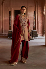 Jashn Gold Maroon Tissue Embroidered Farshi Set, gold maroon tissue kurta with modal farshi and organza dupatta, image 8 of 11
