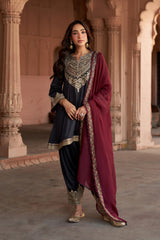 Jashn Black Embroidered Salwar Set with Wine Dupatta, black paisley embroidered kurta salwar with wine organza dupatta, image 1 of 13
