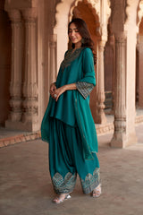 Jashn Bottle Green Embroidered Farshi Set, bottle green embroidered kurta with farshi and organza dupatta, image 3 of 13