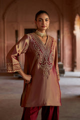 Jashn Gold Maroon Tissue Embroidered Farshi Set, gold maroon tissue kurta with modal farshi and organza dupatta, image 4 of 11