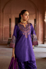 Jashn Purple Brocade Embroidered Salwar Set, purple brocade kurta salwar with embroidered patchwork and organza dupatta, image 3 of 9