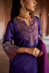 Jashn Purple Brocade Embroidered Salwar Set, purple brocade kurta salwar with embroidered patchwork and organza dupatta, image 4 of 9