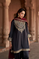 Jashn Black Embroidered Salwar Set with Wine Dupatta, black paisley embroidered kurta salwar with wine organza dupatta, image 7 of 13