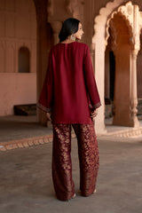 Jashn Maroon Embroidered Brocade Farshi Set, maroon embroidered kurta with brocade farshi and organza dupatta, image 7 of 12