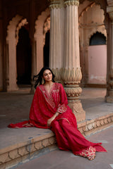 Jashn Rani Pink Orange Zari Farshi Set, rani pink kurta with orange zari embroidery, farshi and organza dupatta, image 3 of 12