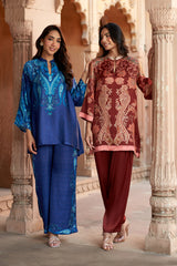 Jashn Maroon Printed Salwar Set styled with Jashn Indigo Paisley Printed Co-ord Set, maroon paisley print modal kurta with solid salwar