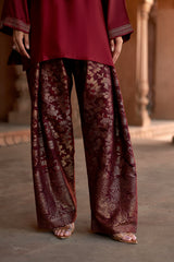 Jashn Maroon Embroidered Brocade Farshi Set, maroon embroidered kurta with brocade farshi and organza dupatta, image 5 of 12