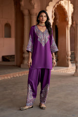 Jashn Wine Aari Embroidered Salwar Set, wine aari paisley embroidered kurta salwar with organza dupatta, image 6 of 12