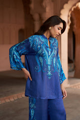 Jashn Indigo Paisley Printed Co-ord Set, indigo paisley print modal tunic with wide-leg pants, image 12 of 13