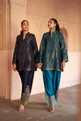 Jashn Teal Ikkat Brocade Farshi Set styled with Jashn Navy Ikkat Brocade Salwar Set, teal ikkat brocade kurta with embroidered modal farshi