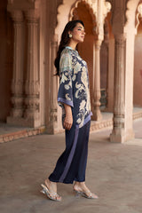 Jashn Navy Contrast Printed Co-ord Set, navy paisley print modal tunic with straight pants, image 6 of 11