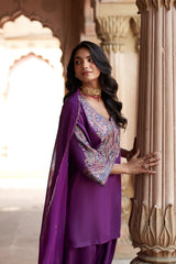 Jashn Wine Aari Embroidered Salwar Set, wine aari paisley embroidered kurta salwar with organza dupatta, image 3 of 12
