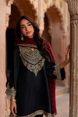 Jashn Black Embroidered Salwar Set with Wine Dupatta, black paisley embroidered kurta salwar with wine organza dupatta, image 2 of 13