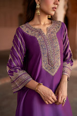Jashn Wine Hand Embroidered Farshi Set, wine hand embroidered kurta with farshi and organza dupatta, image 6 of 13