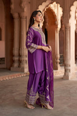 Jashn Wine Hand Embroidered Farshi Set, wine hand embroidered kurta with farshi and organza dupatta, image 1 of 13