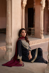 Jashn Black Embroidered Salwar Set with Wine Dupatta, black paisley embroidered kurta salwar with wine organza dupatta, image 3 of 13
