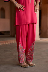 Jashn Hot Pink Aari Embroidered Salwar Set, hot pink aari paisley embroidered kurta salwar with organza dupatta, image 8 of 10