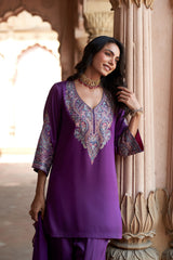 Jashn Wine Aari Embroidered Salwar Set, wine aari paisley embroidered kurta salwar with organza dupatta, image 4 of 12