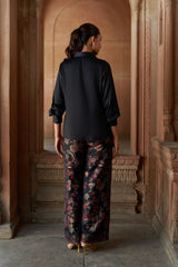 Jashn Black Brocade Co-ord Set, black satin shirt with peacock brocade wide-leg pants, image 2 of 6