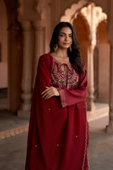 Jashn Maroon Embroidered Brocade Farshi Set, maroon embroidered kurta with brocade farshi and organza dupatta, image 8 of 12