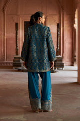 Jashn Teal Ikkat Brocade Farshi Set, teal ikkat brocade kurta with embroidered modal farshi, image 9 of 13