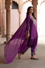 Jashn Wine Aari Embroidered Salwar Set, wine aari paisley embroidered kurta salwar with organza dupatta, image 2 of 12