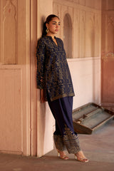 Jashn Navy Ikkat Brocade Salwar Set, navy ikkat brocade kurta with embroidered modal salwar, image 6 of 11
