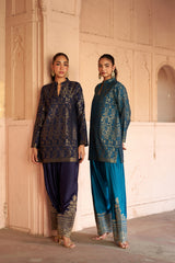 Jashn Teal Ikkat Brocade Farshi Set styled with Jashn Navy Ikkat Brocade Salwar Set, teal ikkat brocade kurta with embroidered modal farshi