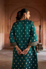 Jashn Teal Brocade Kurta Set, teal satin brocade kurta with striped brocade pants, image 4 of 7