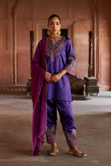 Jashn Purple Brocade Embroidered Salwar Set, purple brocade kurta salwar with embroidered patchwork and organza dupatta, image 1 of 9
