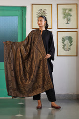 Golden brown and black paisley woven wool blend shawl for women