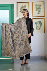 Grey wool blend shawl woven with gold peacock and floral motifs