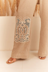 Beige Linen Patchwork Pants