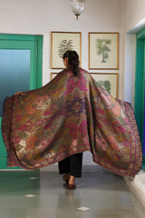 Magenta and olive multicolour paisley woven wool blend shawl, back view
