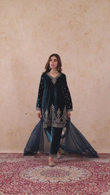 Teal Blue Velvet Embroidered Suit- Inching India
