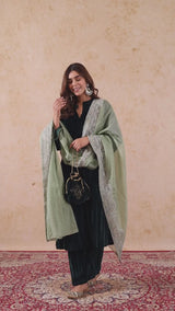Embroidered Green Velvet Suit Set with Dupatta -Inching India
