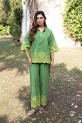 Ziya Green Linen Cutwork Embroidered Set