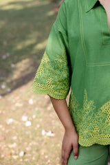 Ziya Green Linen Cutwork Embroidered Set