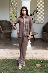 Ziya Brown Linen Embroidered Set