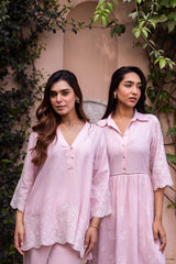 Ziya Blush Pink Linen Cutwork Embroidered Set
