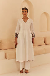 White Pleated Suit Set with Striped Dupatta- Inchingindia