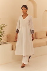 White Pleated Suit Set with Striped Dupatta- Inchingindia