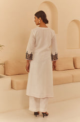 White Pleated Suit Set with Striped Dupatta- Inchingindia