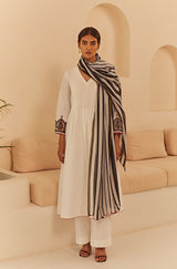 White Pleated Suit Set with Striped Dupatta- Inchingindia