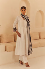 White Pleated Suit Set with Striped Dupatta- Inchingindia