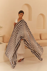 White Pleated Suit Set with Striped Dupatta- Inchingindia