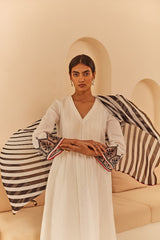 White Pleated Suit Set with Striped Dupatta- Inchingindia